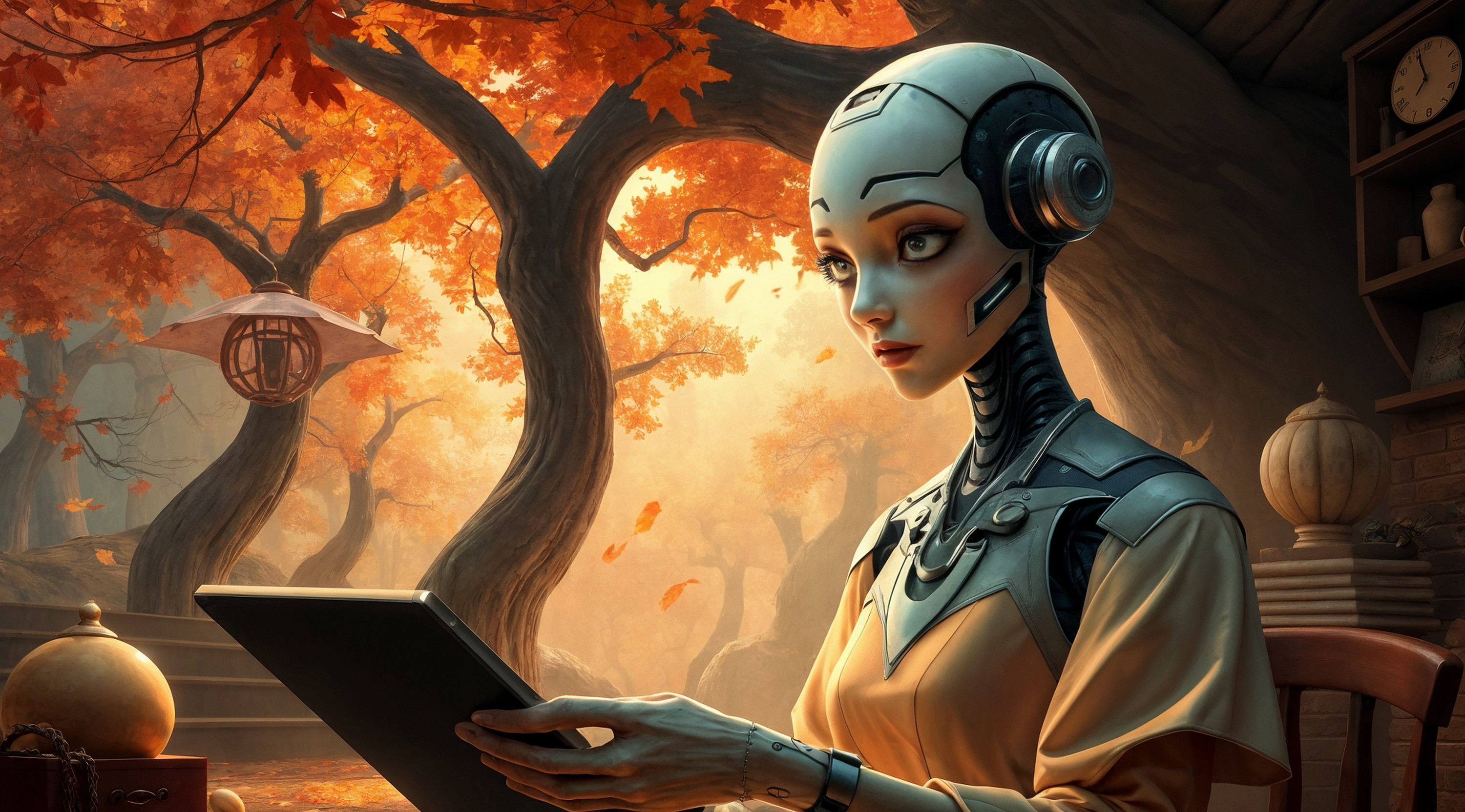 Dans la lumière d’un jardin d’automne, un avatar symbolisant Manus AI se penche sur sa tablette.© D. Ichbiah avec Leonardo.ai et Krea.ai
